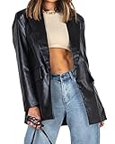 Pepochic Womens Oversized Leather Jacket Long Sleeve Faux Leather Blazer Lapel Button Down Leather S