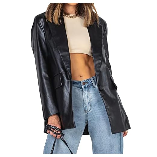 Pepochic Womens Oversized Leather Jacket Long Sleeve Faux Leather Blazer Lapel Button Down Leather Shacket Coat with Pockets