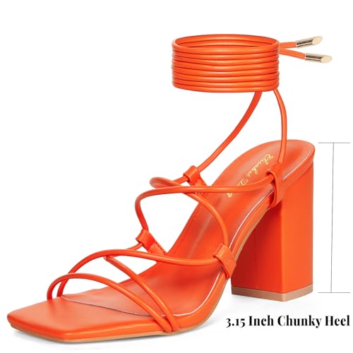 Elisabet Tang Square Toe Strappy Chunky Heels Sandals, 3 inch Women's Lace Up Low Block Heels Ankle Wrap Heels Square Open Toe Tie Up Heeled Sandals for Wedding Dress Shoes2