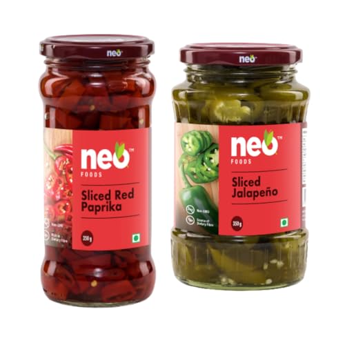 Neo Sliced Jalapenos 350g & Red Paprika 350g I P2 I 100% Vegan I Ready-to-Eat, Fibre-Rich I Pickled Jalapenos I Enjoy as topping for Pizza, Pasta, Salads, Burger & Wraps I Non-GMO I (Pack of 2)