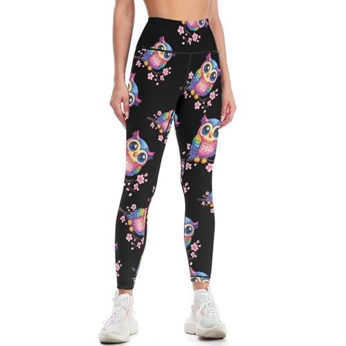 Cute Owl Floral Leggings for Women High Waist Tummy Control Workout Yoga Pants for Running Athletic