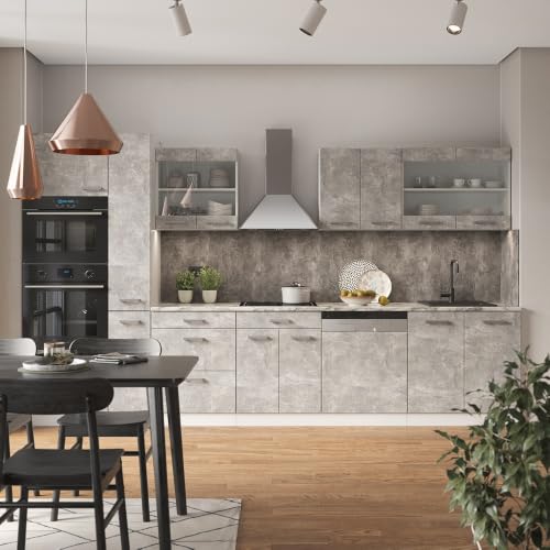 Miniatura 2 de Vicco Cocina R-Line, Hormigón Blanco, 350 Cm Con Armario Alto, Et Mármol