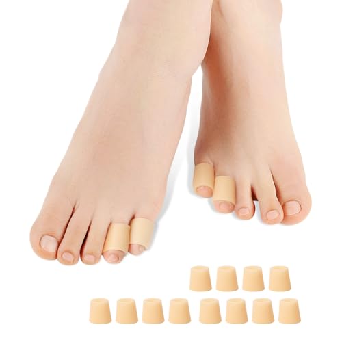 Povihome Pinky Toe Sleeves Protectors - 12 Pack Small Gel Corn Protectors - Protect Toe from Rubbing, Ingrown Toenails, Calluses, Blisters - Toe Cushions for Pain Relief (Small Size, Beige)