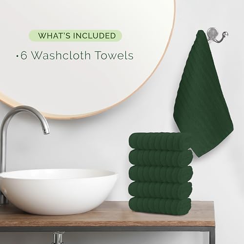 Image of Elegant Comfort 100% Turkish Cotton Corduroy Ribbed Luxury Washcloths 6 Pack Soft 13 x 13 Inch - Higly Absorbent, Durable, Quick Dry, Spa Premium Hotel Quality for Bathroom or Travel, Hunter Green