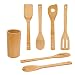 Bamboo Wooden Spoons & Spatulas Set - 6 Pieces Kitchen Cooking Utensils and 1 Holder, Heat Resistant for Non Stick Cookware