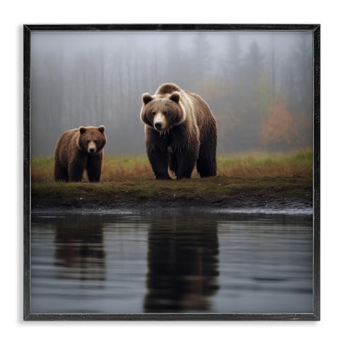 Bear Cub Lake Wildlife, 17 x 17 Inch Framed Giclée Print