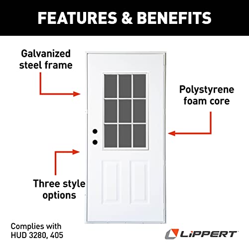 Lippert 5500 Series Residential Outswing Steel Entry Door for Homes, 9-Lite Window; LH (34\" x 76\")