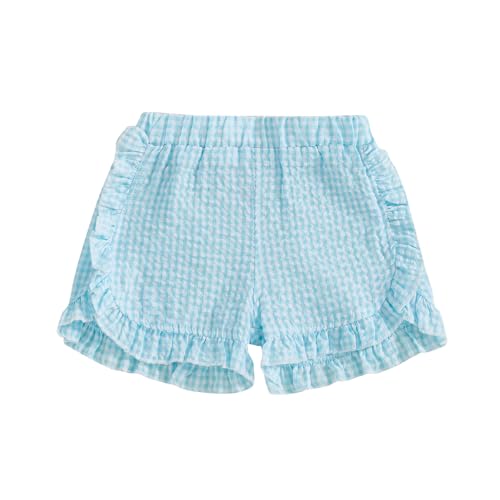 Image of Karuedoo Toddler Baby Girl Shorts Casual Summer Gingham Plaid/Seersucker Elastic Waist Ruffle Hem Shorts Bottoms