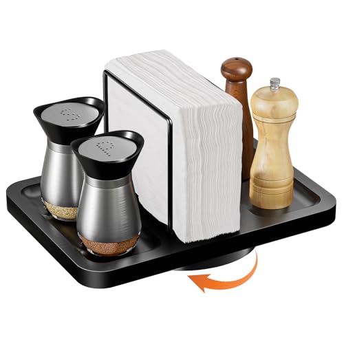 Rotating Napkin Holder for Table, Bamboo Standing Napkin Dispenser with Salt Pepper Shakers Caddy, Black Metal Hand Towel Holder for Bathroom Home Kitchen Farmhouse Decor Not Including Shakers