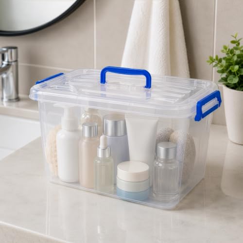 Image of Basicwise Clear Tote with Latching Lid - Stackable Plastic Organizer Bin, Durable Container for Home, Office, or Closet - Built-In Handles, Transparent Design, Modern Style, Large Capacity