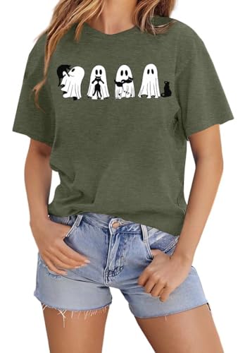 Halloween Ghost Cat Shirts for Women Cat Lovers T-Shirt Gifts Retro Fall Spooky Season Tees Tops2