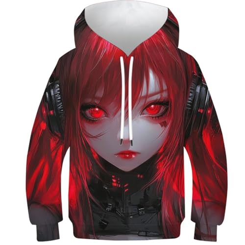 Sweat-shirt imprimé 3D yeux rouges avec capuche ajustable pour ado 12-14 ans
