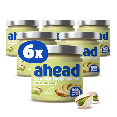 ahead CRAZY PISTACHIO | 6 x 200g Pistaziencreme ohne Zuckerzusatz | Super leckere Pistaziencreme mit 80% weniger Zucker* | Ohne Palmöl, glutenfrei & vegetarisch | Zuckerarme Pistaziencreme