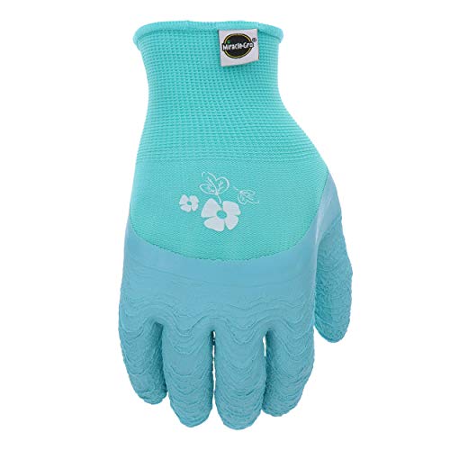 Miracle-Gro Mg30851 Durable Grip Gloves – [1 Pair, X Small] Blue/Floral, Crinkle Latex Dipped Gloves With Knit Shell #TOP1