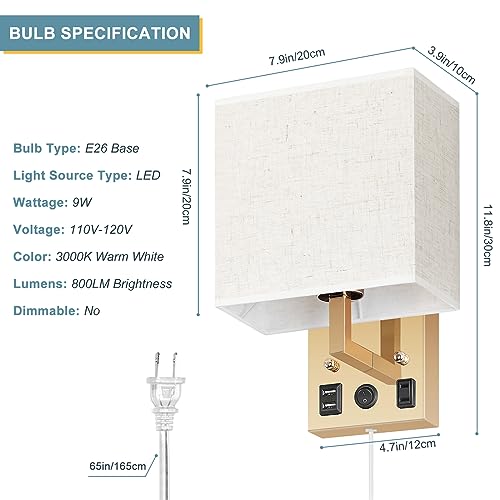 CADUKE Plug in Wall Sconces Set of 2 Gold Wall Lights with Plug in Cord Bedside Wall Lamp with USB Charging Ports and AC Outlet Socket Modern Wall Lamps for Bedroom, E26 LED Bulb Included - Thumbnail 2