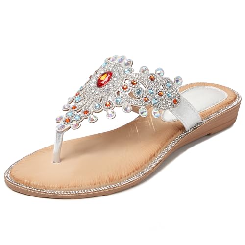 Image of iCKER Women Sandals Rhinestone Dressy Casual Summer flat flip flops Comfortable Sandals