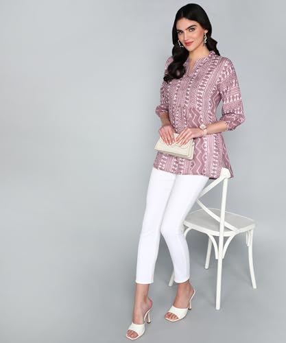 Image of Stylistico Geometric Print Summer Cotton Tunic Western Everyday Regular Fit Full Sleeve v Neck Office Peplum Printed Long Tops for Women Latest