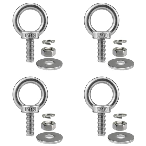 Image of M10 Stainless Steel Eye Bolts with Nuts 4 Pack, M10 x 25mm (3 /8 inch x 1 inch) Shoulder Lifting Eye Bolt for Swing Board, Heavy Duty Threaded Ring Screw Eyebolts Kits for Tie Down Straps Outdoor