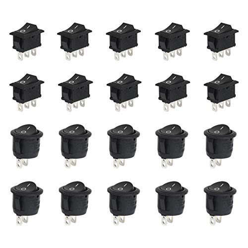 LAITER 10 pcs Interruptor Basculante Redondo con 2 Terminales + 10 pcs Interruptor Basculante Rectángulo con 3 Terminales  Negro SPST ON-OFF con Botón para Coche Barco Camión de Remolque Automóvil