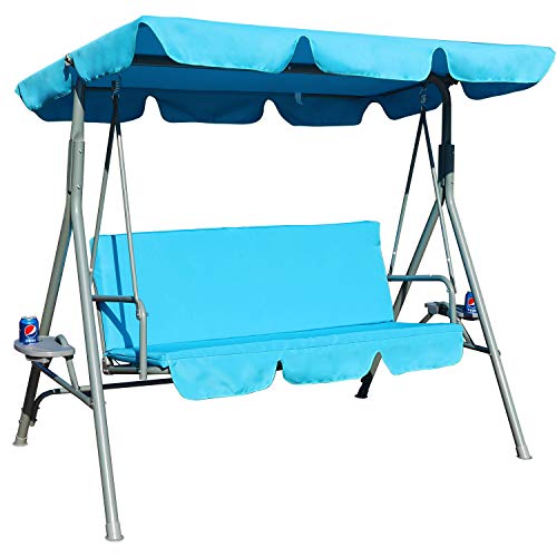 GOLDSUN Outdoor Patio Cushioned Swing with Canopy and Cupholder Weather Resistant Powder Coated Steel Frame and Removable Cushion,Suitable for Garden, Poolside, Balcony, Backyard (Blue)