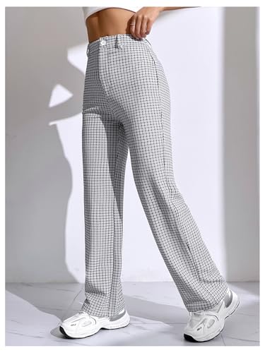 SweatyRocks Women's High Waist Plaid Dressy Casual Work Pants Straight Leg Stretchy Trousers3
