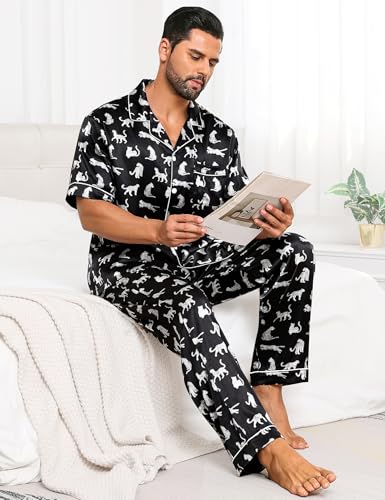 Image of SWOMOG Mens Satin Pajama Set Short Sleeve Classic Sleepwear Button Down Silky Loungewear with Long Pants