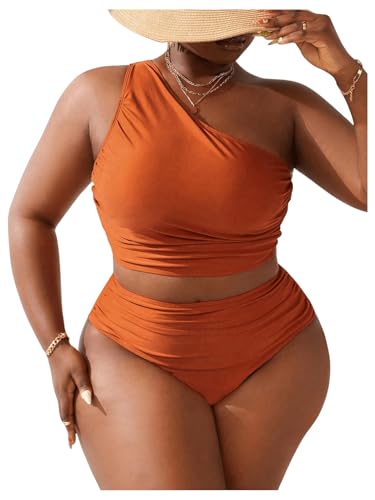 SweatyRocks Women's Plus Size 2 Piece Ruched One Shoulder High Waisted Tankini Swimsuit Bathing Suit