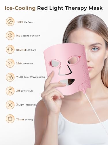 Image of Red Light Therapy Mask with Cooling Gel Pack, 7-Color NIR 850nm LED Face Mask, LED Light Therapy Mask (E106A) with Rechargeable Remote - 180 Mins Use, Red Light Mask Home Travel Gift, Pink