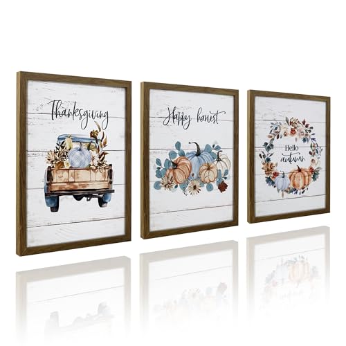 ArtbyHannah Framed Thanksgiving Wall Decor, Fall Pictures Wall Art with Pumpkin Prints Autumn Harvest Home Decorations for Living Room Kitchen Mantel Porch Entryway (11x14 Inch, 3 Pack)