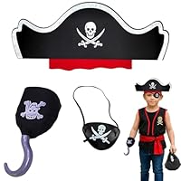 3-Piece Pirate Accessories Set, Boys Girls Pirate Dress Up with Hat, Eye Patch and Hook, Halloween Costume for Children, Role Play Pretend Game, Birthday Party Theme Outfit