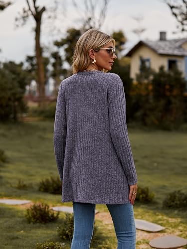Famulily Damen Open Front Lange Strickjacken mit Taschen für Frauen Cosy Lose Open Front Pullover Mantel (L, Lila)