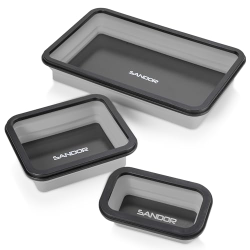 Image of Collapsible Magnetic Parts Tray Set - 3 Different Size Tool Trays for Screw, Bolts, Nuts, Washers, Pins and Other Small Metal Parts, Mechanic Tool Gifts for Men - Light Grey
