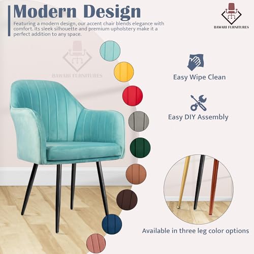 Image of Plush Dining Chair | Accent Chair for Living Room Bedroom Restuarant | Velvet Fabric & Thick Cushion Seat with Sturdy Glossy Metal Legs (Black Legs, Sky Blue)