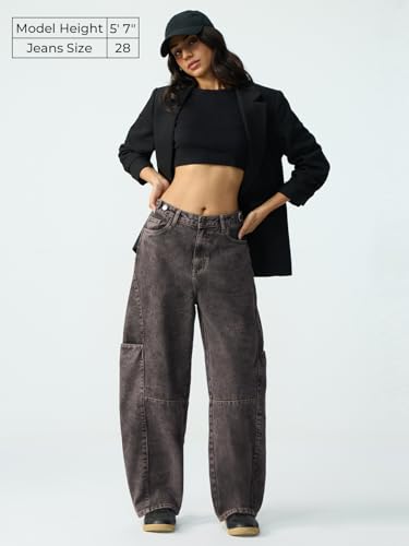 Image of The Souled Store: Barrel-Fit Denim: Women and Girls Washed Cotton Twill Barrel Fit Lightweight Adjustable Rise Everyday Casual Denim Jeans