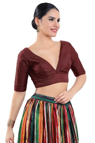 Image of Vamas Women's Silk Padded Self Design Half Sleeve Readymade Saree Blouse (X-1111.ELB)