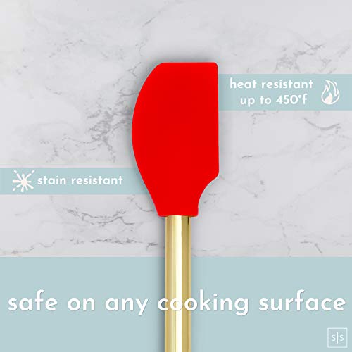 Gold & Red Kitchen Utensils Set With Holder -Gold Utensils Set: Gold Whisk, Gold Ladle, Red Spatula, Gold Tongs, Gold Spoon, Red Silicone Turner, Gold Utensil Holder -Red Kitchen Decor And Accessories #TOP3
