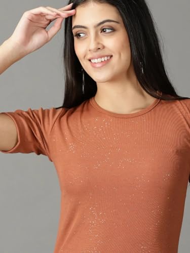 Image of SHOWOFFFF Women Embellished A-Line Party Dress | Round Neck Half Sleeves Jersey Dress for Womens | Knee Length Dress for Women's