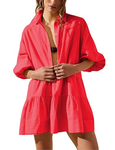 Image of HangNiFang Women's Summer Babydoll Mini Dress Flowy Puff Sleeve Tiered Button Down Oversized Tunic Dress with Pockets
