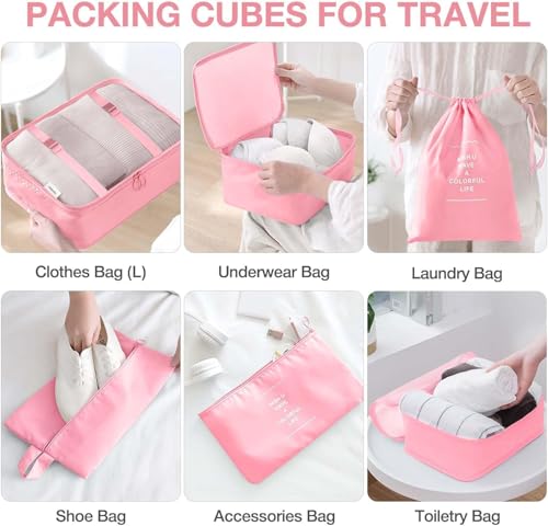 Image of 7 Pcs Travel Organizer Bag Set for Luggage | Waterproof Packing Cubes for Clothes, Shoes & Toiletries | Foldable Travel Storage Bags for Men & Women | Black Travel Pouch Set (PINK)