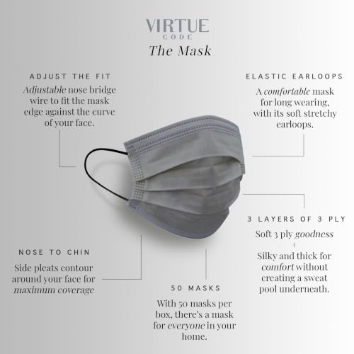 Image of VIRTUE CODE Charcoal Support Face Masks - Soft 3 Ply Comfort Colorful Disposable Face Mask 50 Pack. Adults Mens and Womens Dark Gray Disposable