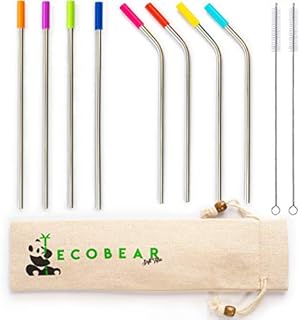 Premium quality reusable stainless steel metal drinking straws - 8 set with 2 cleaning brushes and silicone tips - 100% EcoFriendly - For adults and kids great for cocktails, smoothies and hot drinks