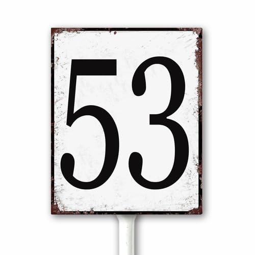 Aluminum Number Sign 53 Metal Numbered Yard Sign With Stake Outdoor for Tennis Court, Parking Lots, Floor, Dock, Court, Aisle, Field, Farm 12x15 CM High Visibility Rust Free (Retro White)