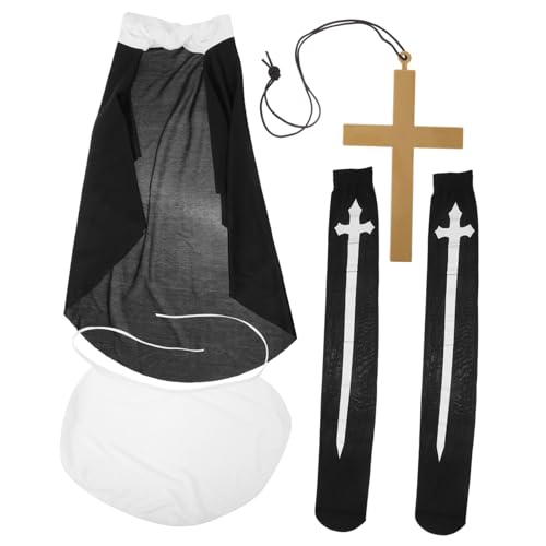 Ipetboom Conjunto Disfraz Monja Mujer Cosplay Halloween con Calcetines Muslo Collar y Sombrero