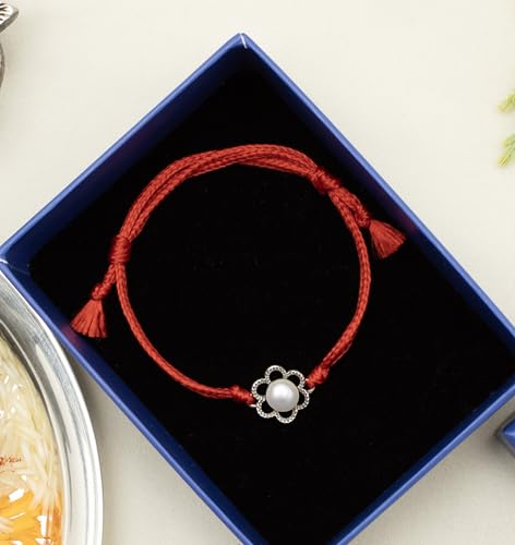 Image of Meenakari Pure 925 Sterling Silver Floral Pearl (Moti) Rakhi Set with Roli Chawal, Rakshabandhan Greeting Card and Silver authenticity certificate For Brother /Men /Unisex