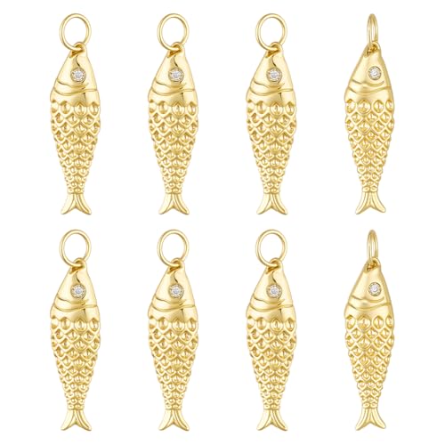 BENECREAT 8Pcs 18K Gold Plated Brass Fish Charms 25.5x7x4mm Sea Animal Fish Shaped Pendants for DIY Bracelet Necklace Earrings Jewelry Making Hole: 3.2mm