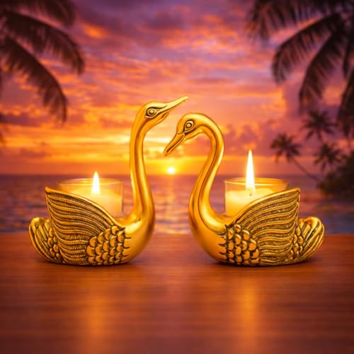 Image of Kalakriti Golden Swan Pair Candle Holder Showpiece for Home Decoration and Good Luck | Aluminium Swans Couple Idol for Anniversary Valentine Wedding Gift & Living Room Decor (Candles not Included)