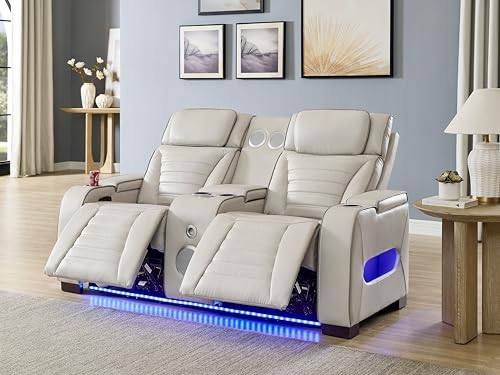 THSUPER Beige Leather Power Recliner Sofa Loveseat with Arm Storage and Bluetooth Speaker, Leather Living Room Reclining Couch Loveseat with Cup Holders and Wireless Charging.
