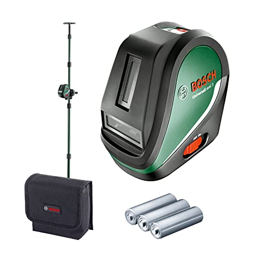 Bosch Láser Líneas Cruzadas UniversalLevel 3 y Barra Telescópica, 3 Líneas, Incl. Línea Vertical a 90° para una Línea Cruzada Adicional en Techo y Punto de Plomada en Suelo para Alineación Precisa