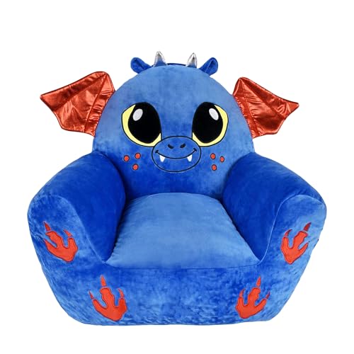 Image of Forest & Twelfth 20" Dragon Kids Lounge Chair - Cozy Toddler Chair with Metallic Accents, Flappy Ears, Handle for Easy Moving Stuffed Animal Chair for Kids, Dragon Childrens Chair, Ages 0+