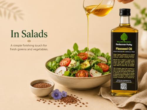 Image of Village-Organica Cold Pressed Flax Seeds Oil | Single Pressed | Pure & Natural | For Healthy Hair & Skin Flaxseed Oil | Alsi Ka Tel | Glass Bottle (100ml)